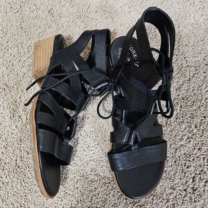 Kork-Ease Black Strappy Sandals with Tan Heel